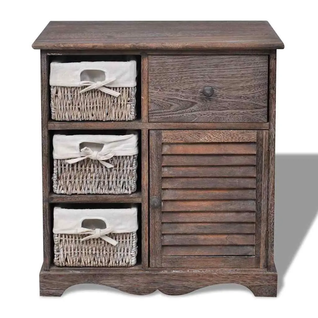 Wooden Storage Cabinet for Home with 3 Weaving Baskets Brown Country Style