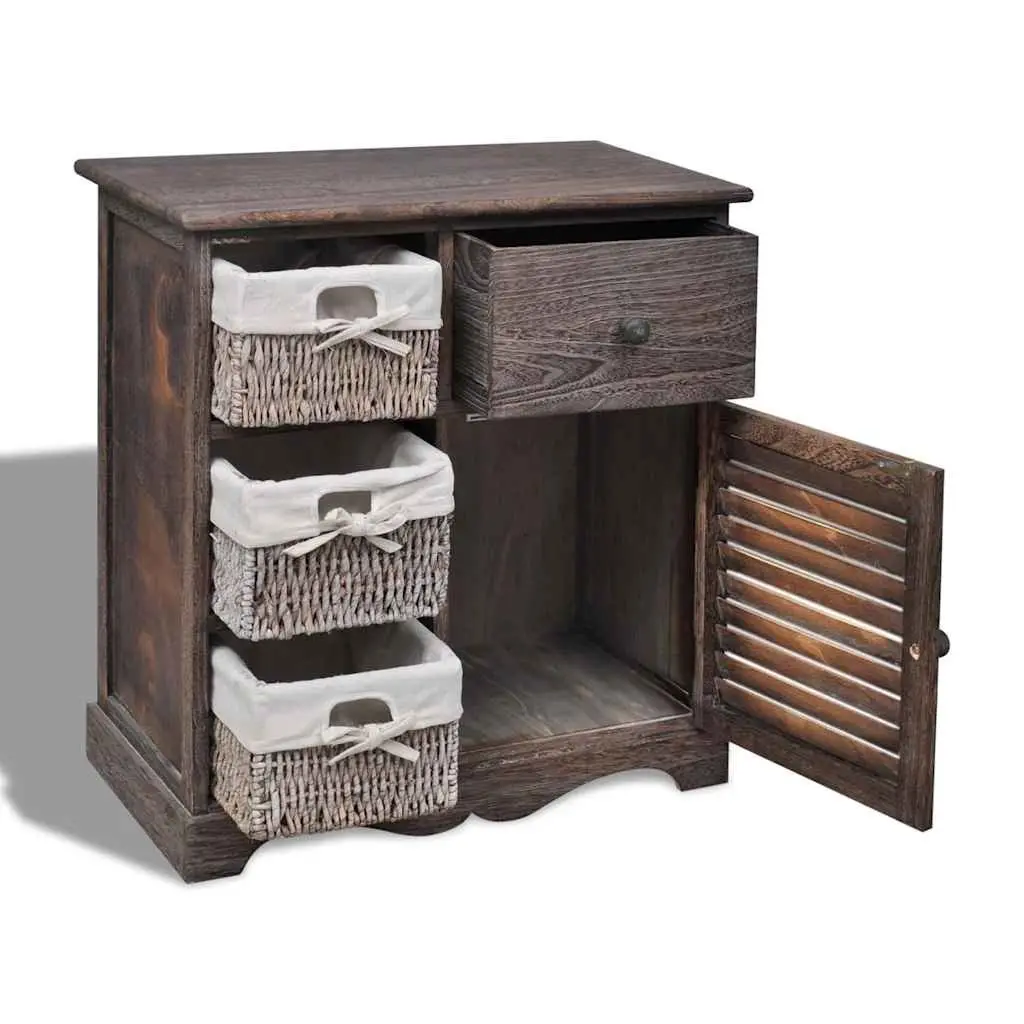 Wooden Storage Cabinet for Home with 3 Weaving Baskets Brown Country Style