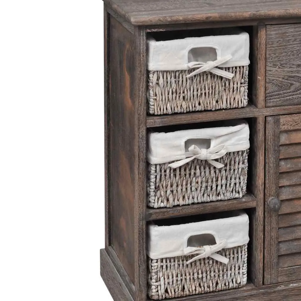 Wooden Storage Cabinet for Home with 3 Weaving Baskets Brown Country Style