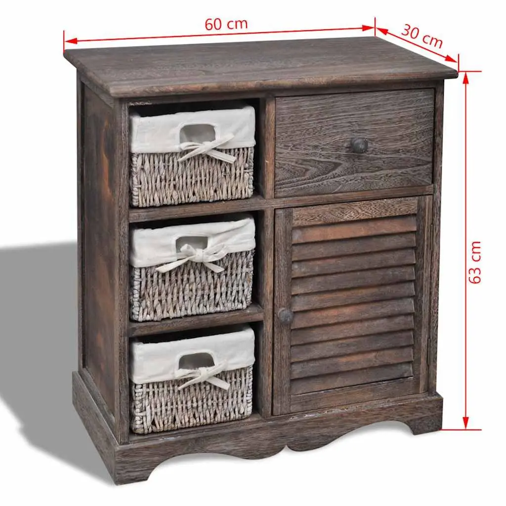 Wooden Storage Cabinet for Home with 3 Weaving Baskets Brown Country Style