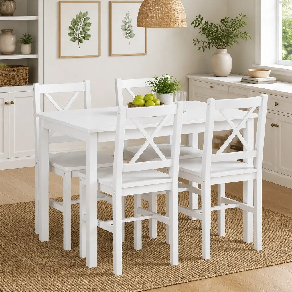 5 Piece Dining Set White Dining Table and 4 Chairs Kitchen Dining Room Furniture