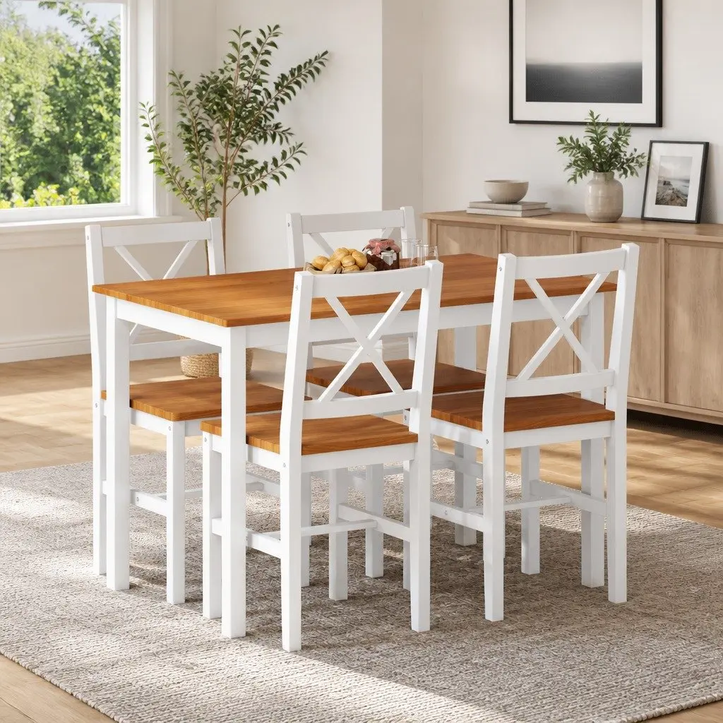 5 Piece Solid Wood Dining Set in Brown and White