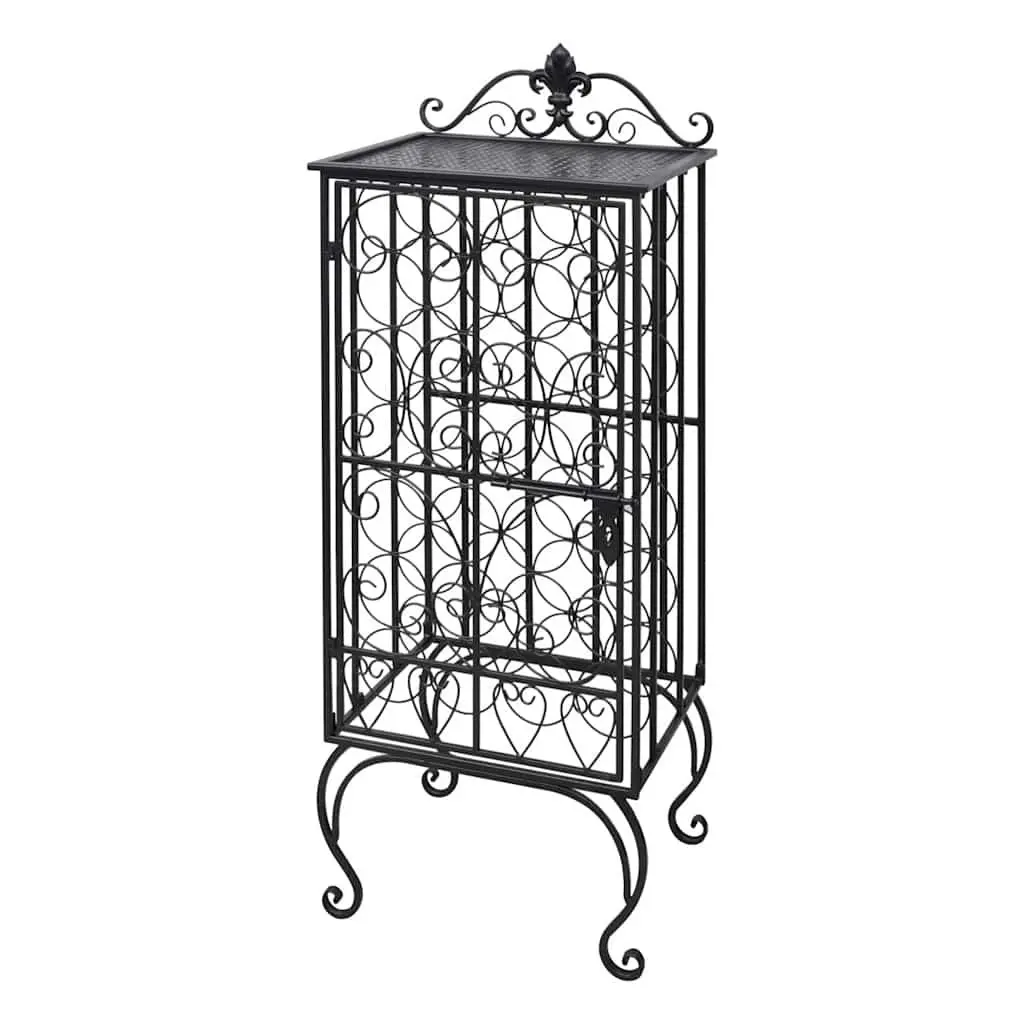 Floor Standing Wine Rack for 28 Bottles Black Metal Storage Cabinet Display