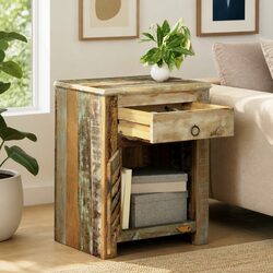 Reclaimed Wood End Table with Drawer & Door Storage