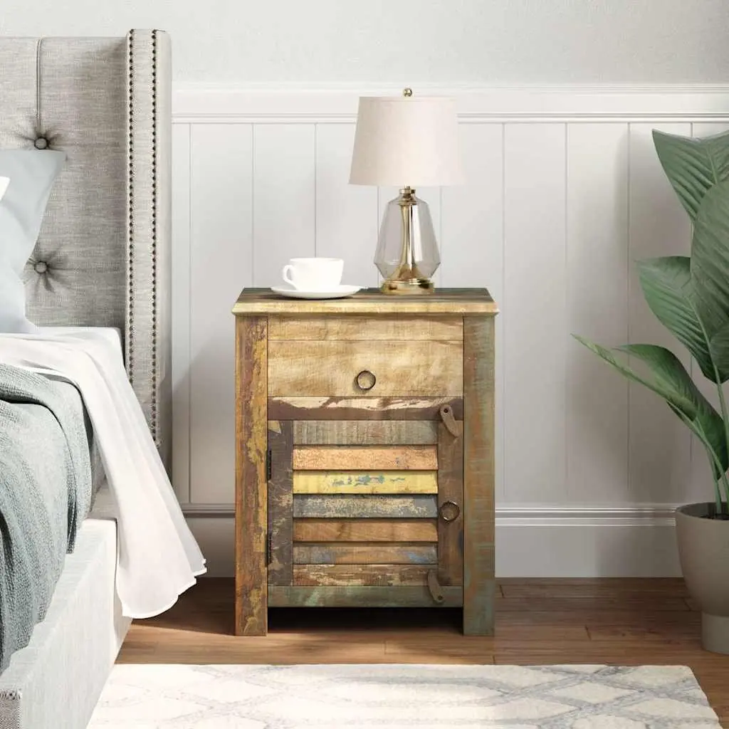 Reclaimed Wood End Table for Bedroom with Drawer and Door Storage