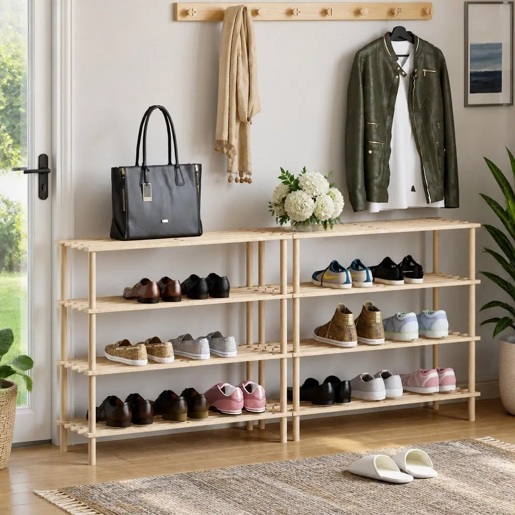 Wooden Shoe Rack 4-Tier Storage Organiser Entryway Hallway Footwear Display Unit