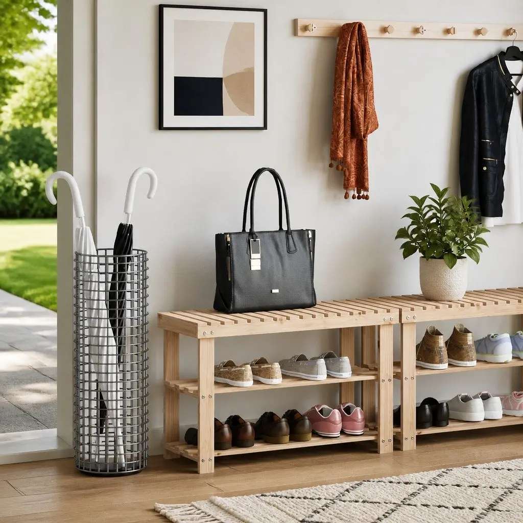 Shoe Rack with Bench Top for Entryway Solid Wood