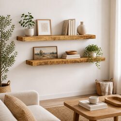 Set of 2 Wall Shelves: Solid Mango Wood, Brown Finish