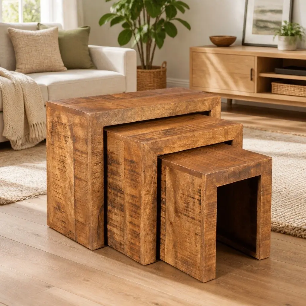 Nesting Table Set for Home Use 3 Pieces Brown Wooden Stackable Side End Coffee Tables
