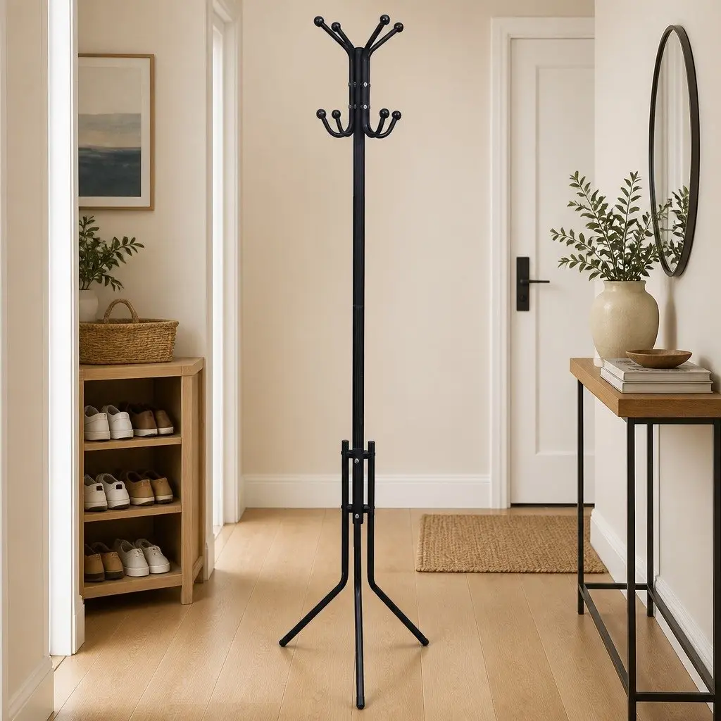 Black Metal Coat Stand with Ball Hooks and Triangular Legs