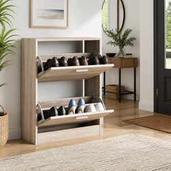 Wooden Shoe Cabinet 2 Compartments Oak Look Storage Organiser Rack 12 Pairs