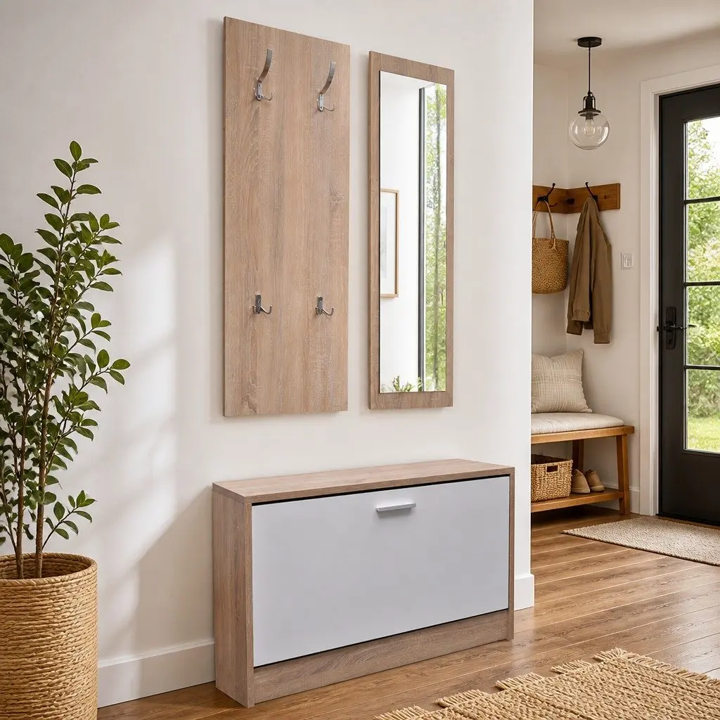 Wooden Shoe Cabinet Hallway Storage 3-in-1 Set with Mirror and Coat Rack