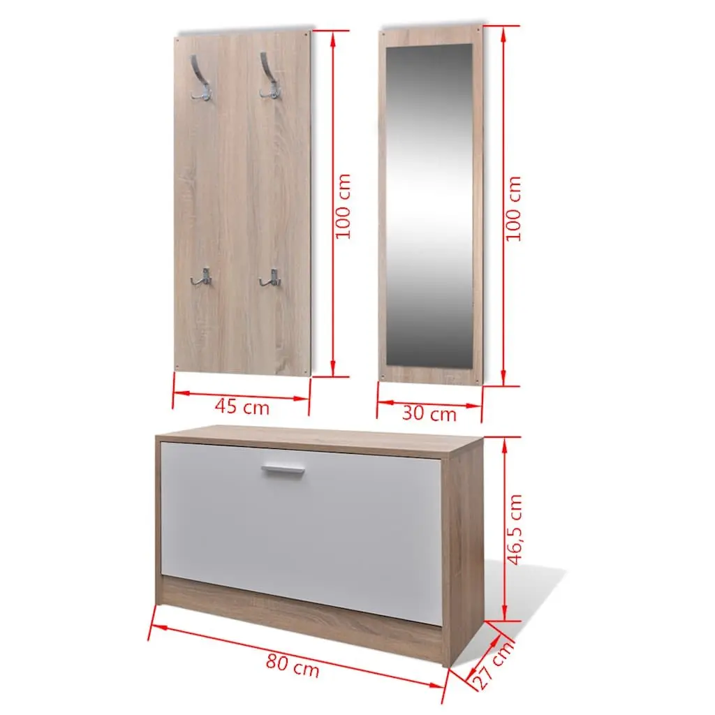 Wooden Shoe Cabinet Hallway Storage 3-in-1 Set with Mirror and Coat Rack