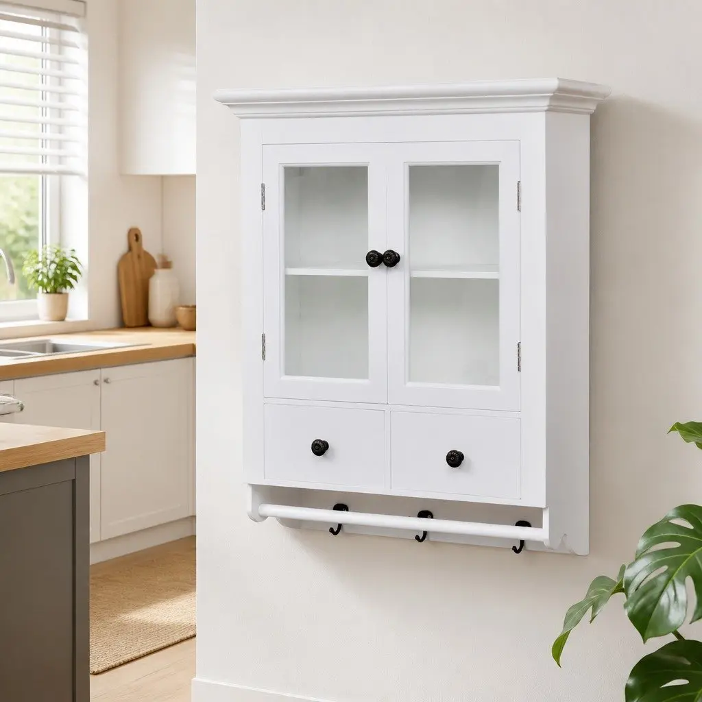 Wooden Kitchen Wall Cabinet for Storage with Glass Doors and Drawers 2 Shelves and Hooks