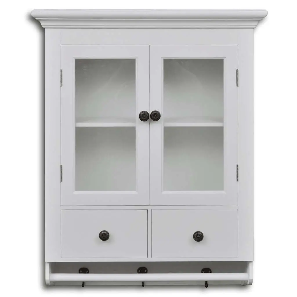 Wooden Kitchen Wall Cabinet for Storage with Glass Doors and Drawers 2 Shelves and Hooks