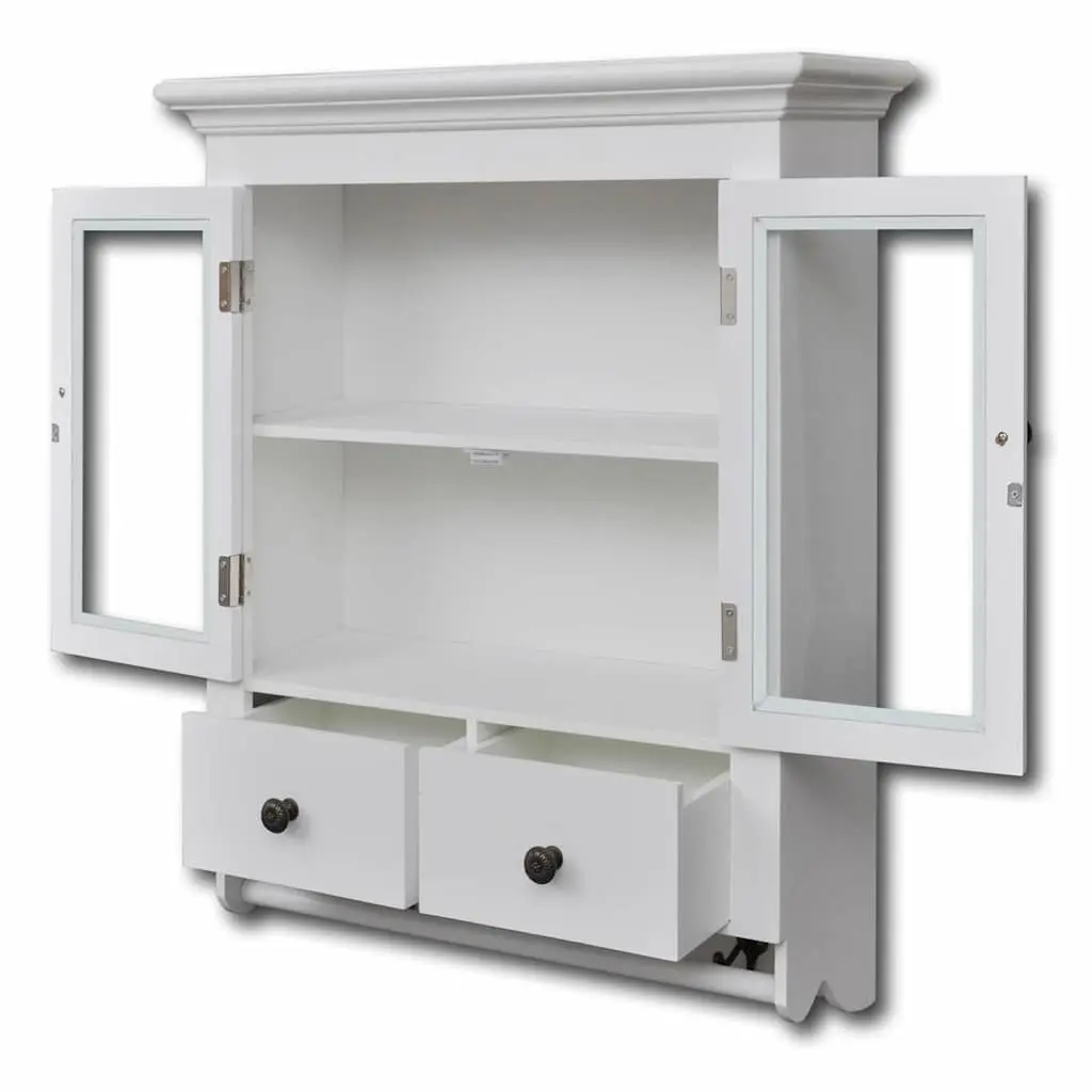 Wooden Kitchen Wall Cabinet for Storage with Glass Doors and Drawers 2 Shelves and Hooks