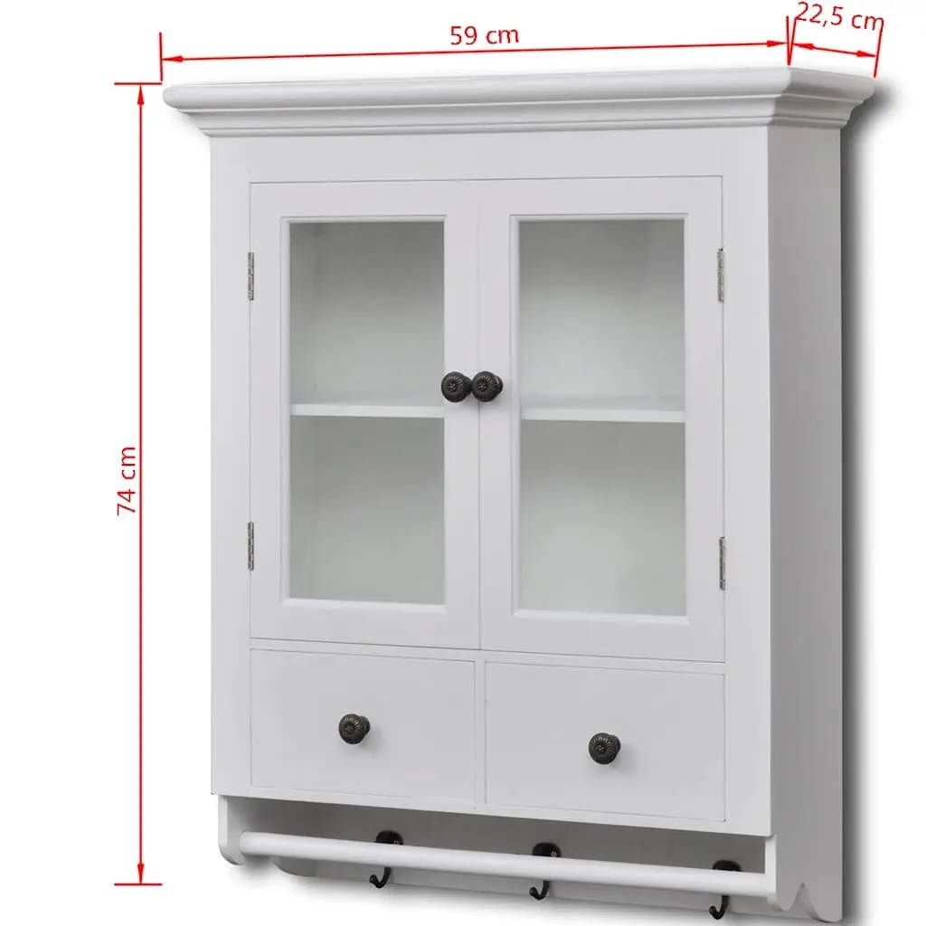 Wooden Kitchen Wall Cabinet for Storage with Glass Doors and Drawers 2 Shelves and Hooks