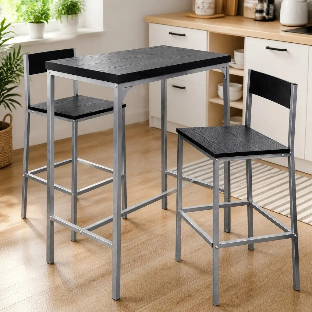Counter Height Breakfast Bar Set Black Modern Kitchen Dining Table with 2 Stools