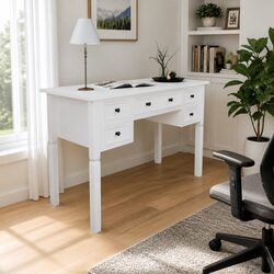5 Drawer White Writing Desk: MDF & Pine Construction