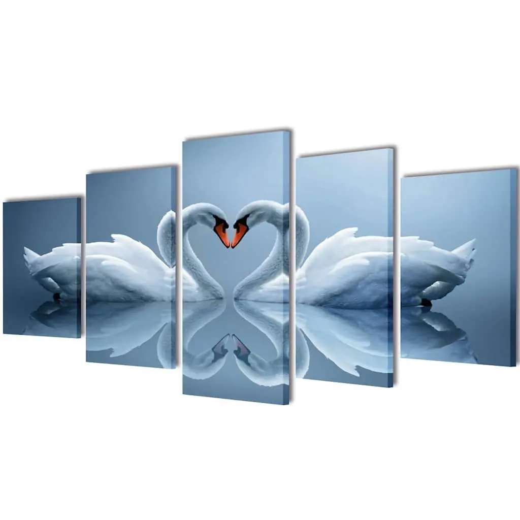Canvas Wall Print Set 5-Panel Swan Multicolour Artwork Home Decor 200x100cm