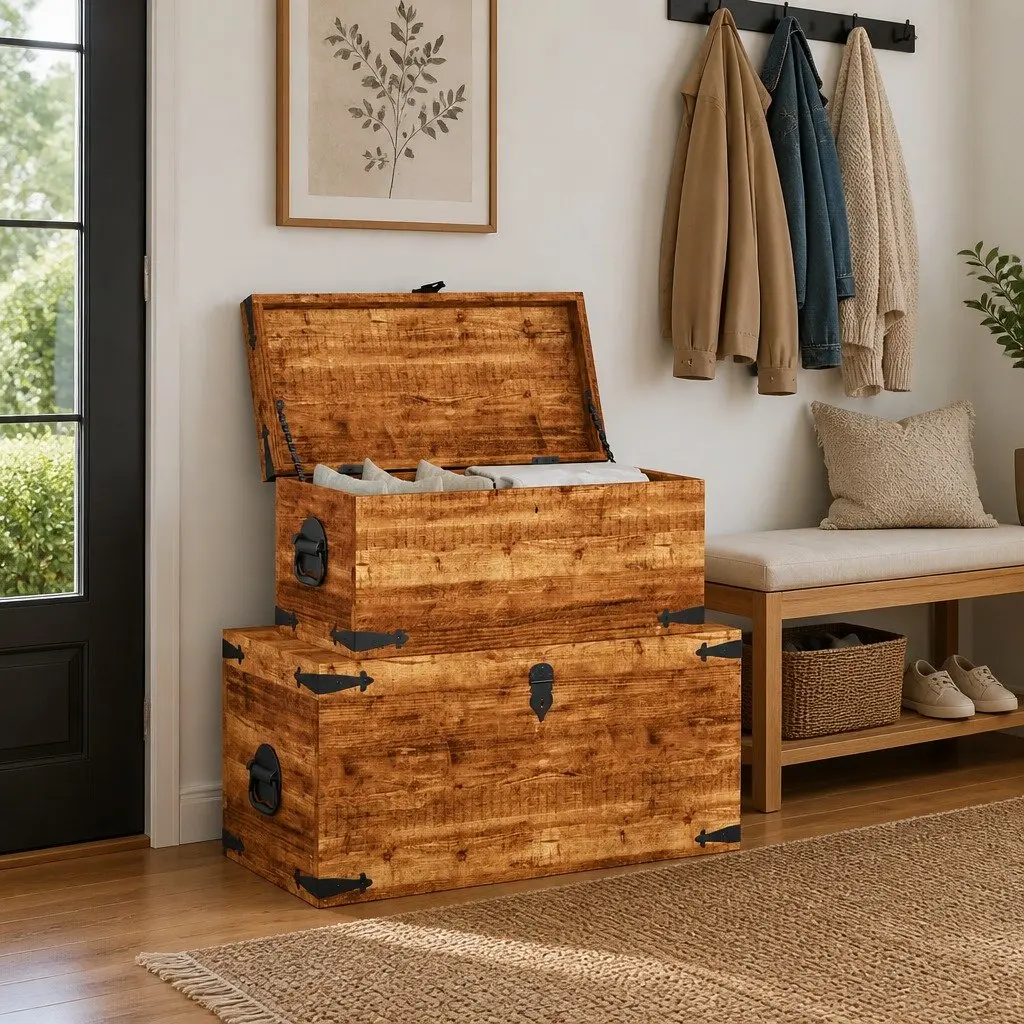 Wooden Storage Chest Set 2 Pieces Home Organization Furniture Brown