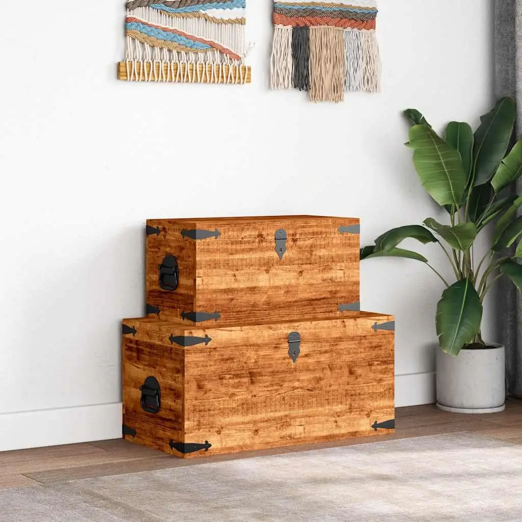 Wooden Storage Chest Set 2 Pieces Home Organization Furniture Brown