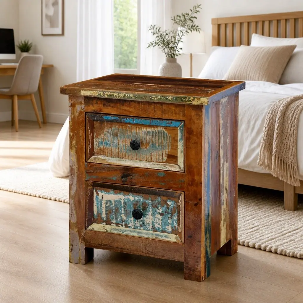 Solid Wood Bedside Table with 2 Drawers