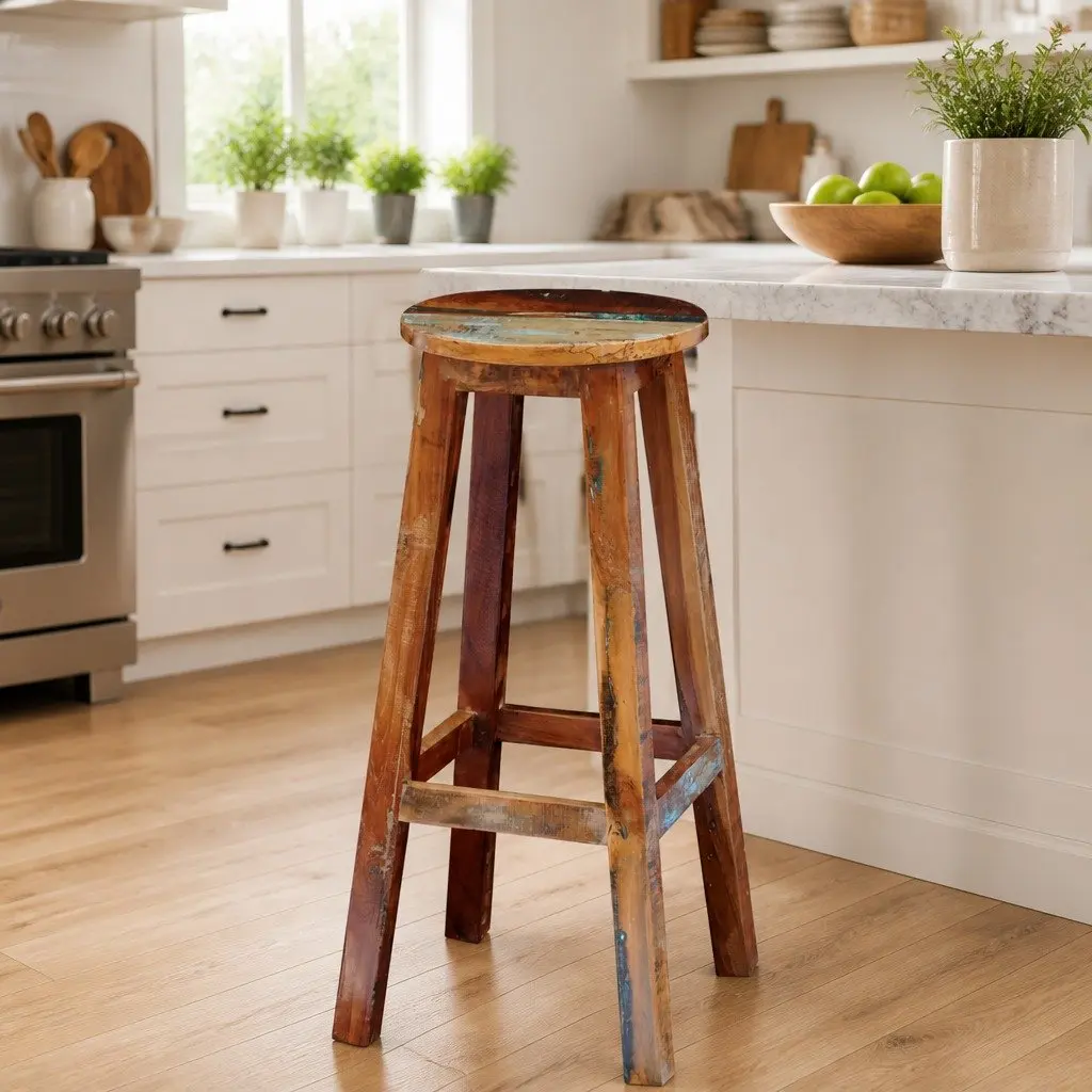 Bar Stool Antique Style Reclaimed Wood Brown Footrest Seating