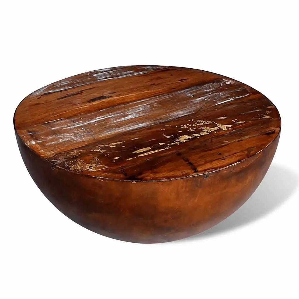 Reclaimed Wood Coffee Table Bowl Shape Vintage Handmade Antique Brown Steel Base