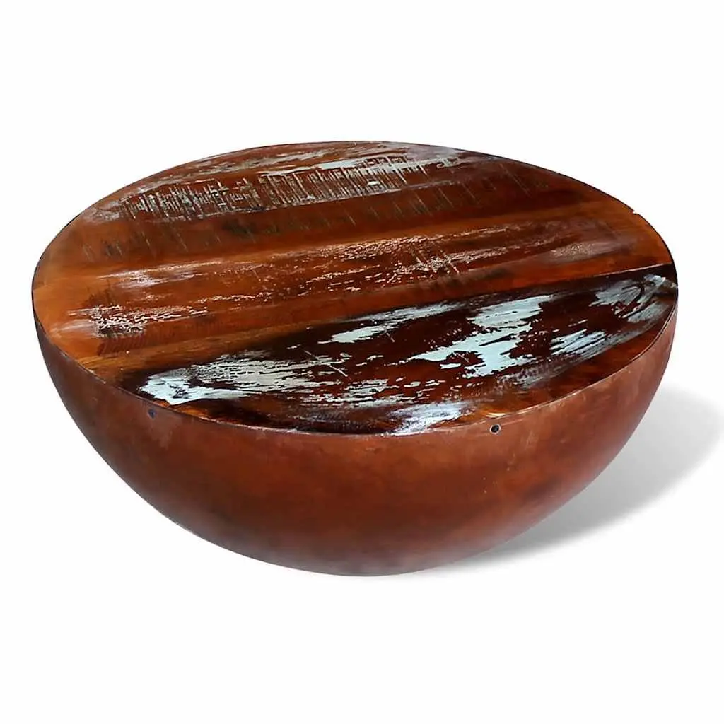 Reclaimed Wood Coffee Table Bowl Shape Vintage Handmade Antique Brown Steel Base