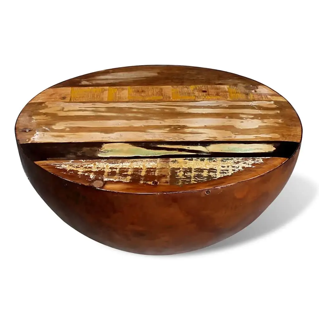 Reclaimed Wood Coffee Table Bowl Shape Vintage Handmade Antique Brown Steel Base