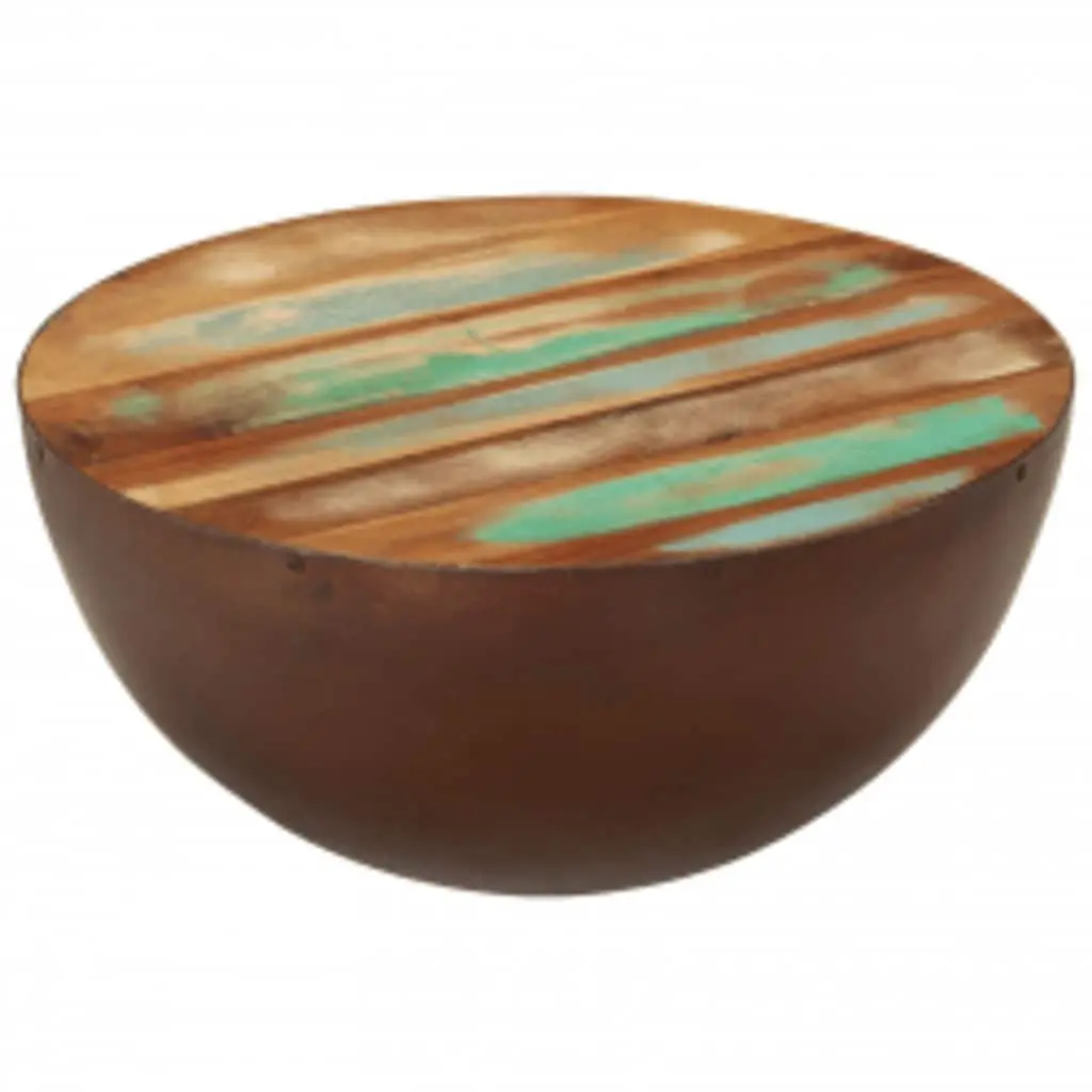 Reclaimed Wood Coffee Table Bowl Shape Vintage Handmade Antique Brown Steel Base