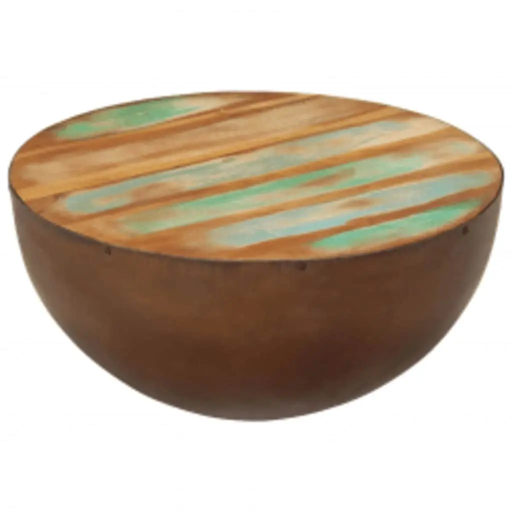 Reclaimed Wood Coffee Table Bowl Shape Vintage Handmade Antique Brown Steel Base
