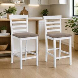Set of 2 White Fabric Bar Stools with Padded Seats