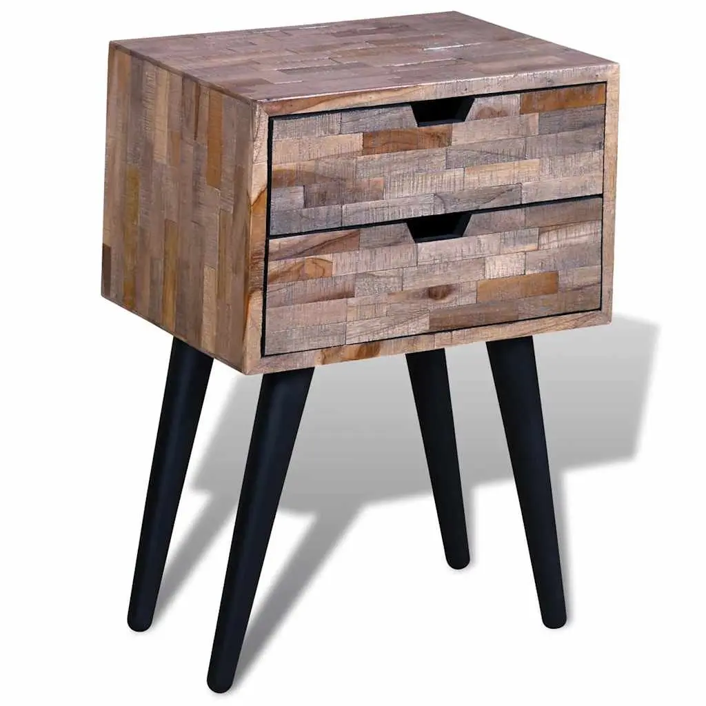 Bedside Table for Bedroom with 2 Storage Drawers Reclaimed Wood Brown Vintage