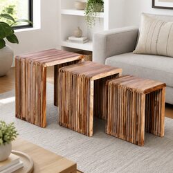 Nesting Table Set 3 Pieces Reclaimed Wood Side Coffee Tables Stackable Brown
