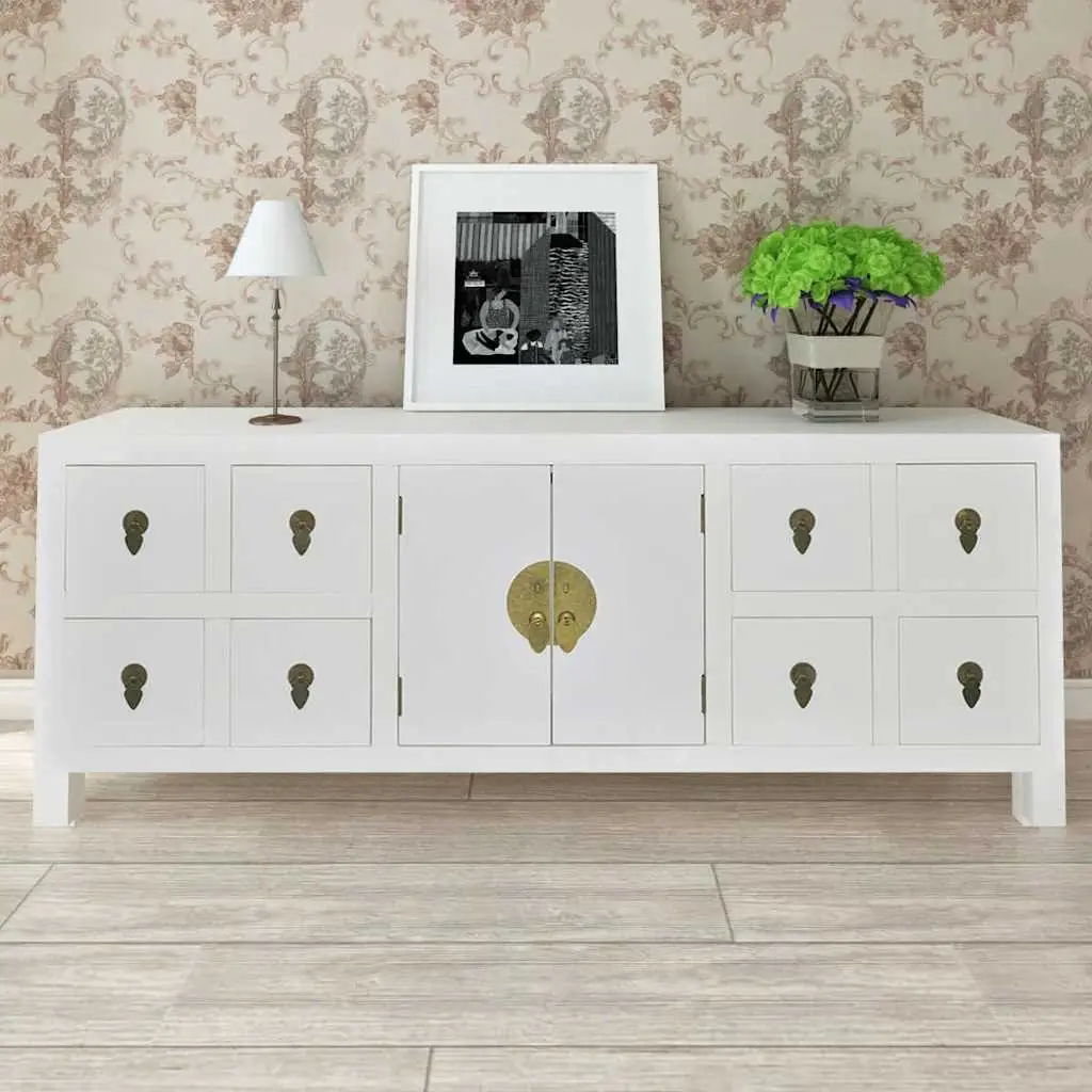 Wooden Sideboard for Bedroom Study or Hallway White Asian Style 8 Drawers 2 Doors