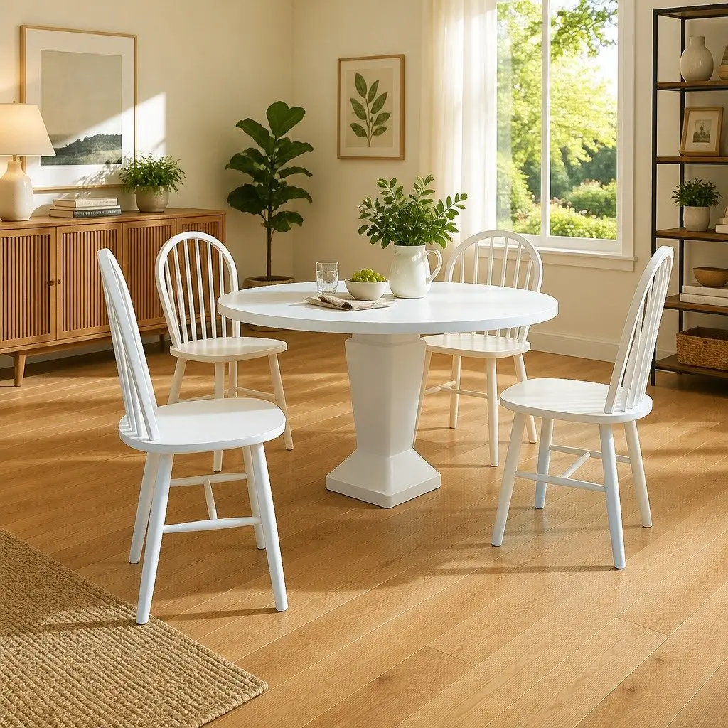 Dining Chairs Kitchen Room Set of 4 White Rounded Backrest Rubber Wood