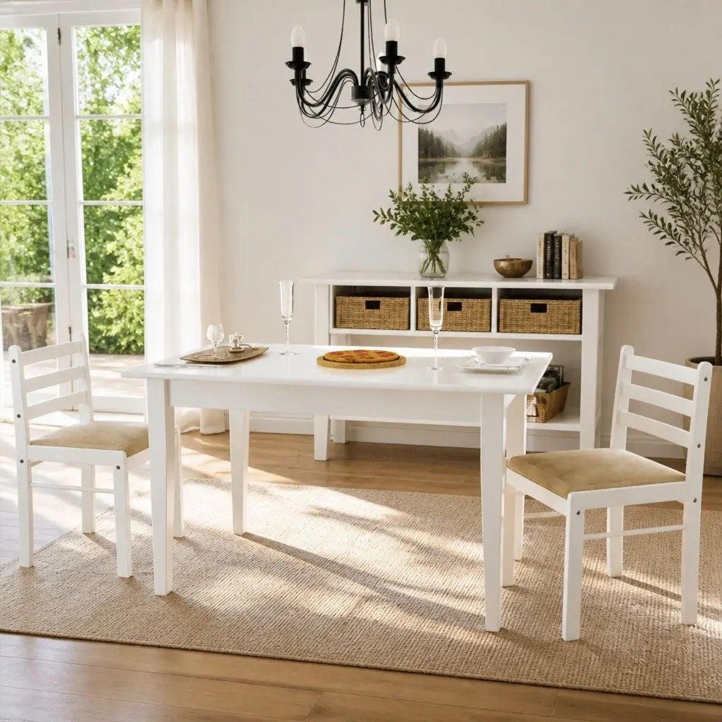 Dining Chairs Set 2 pcs White Solid Rubber Wood Padded Seat Kitchen Room