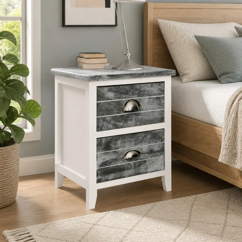 Bedside Tables Set 2 pcs for Bedroom Grey White Nightstand Cabinet with Drawers