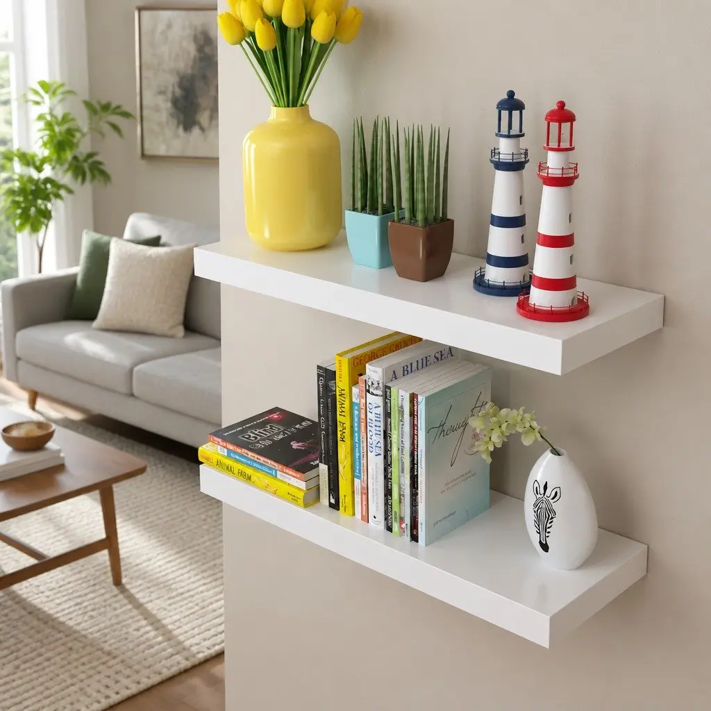 Floating Wall Display Shelves Set of 2 in White MDF