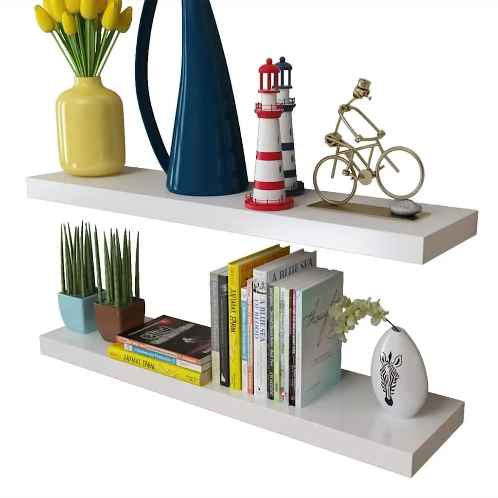 White MDF Wall Display Shelves Set of 2 Floating Book DVD Storage Hanging Ledges