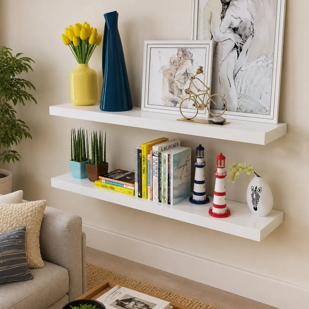 White Floating Wall Shelves Set of 2 Display Storage Book DVD Ledge Shelf
