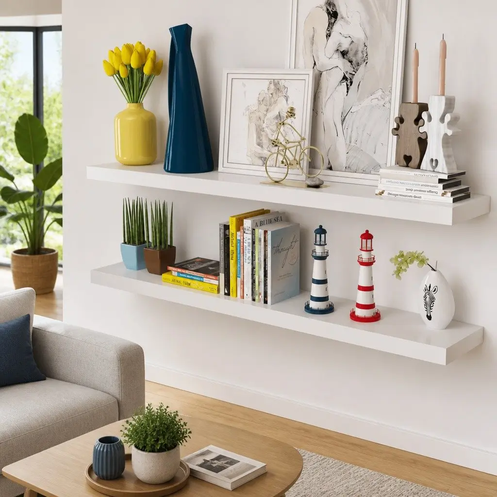Floating Wall Shelves Set of 2 White MDF Display Storage for Home Use
