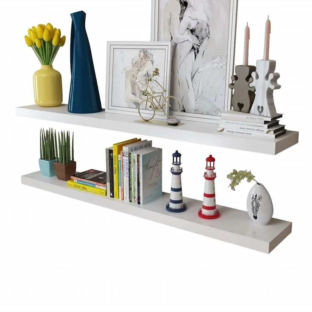 Floating Wall Shelves Set of 2 White MDF Display Storage for Home Use
