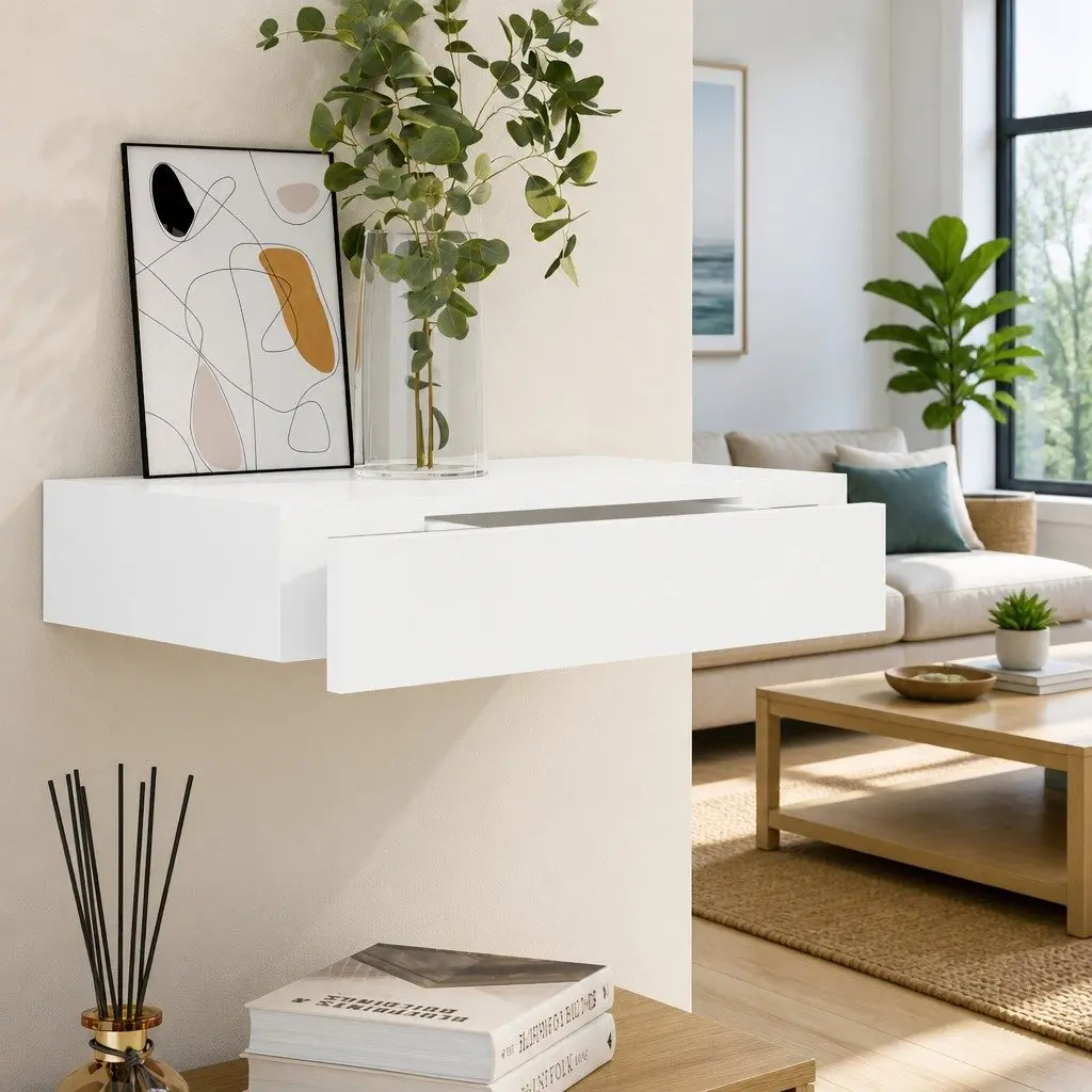 White Floating Wall Display Shelf with Drawer Book DVD Storage Organiser