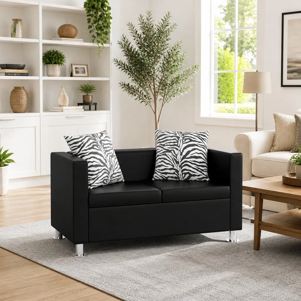 2-Seater Sofa Black Artificial Leather Compact Living Room Furniture Padded