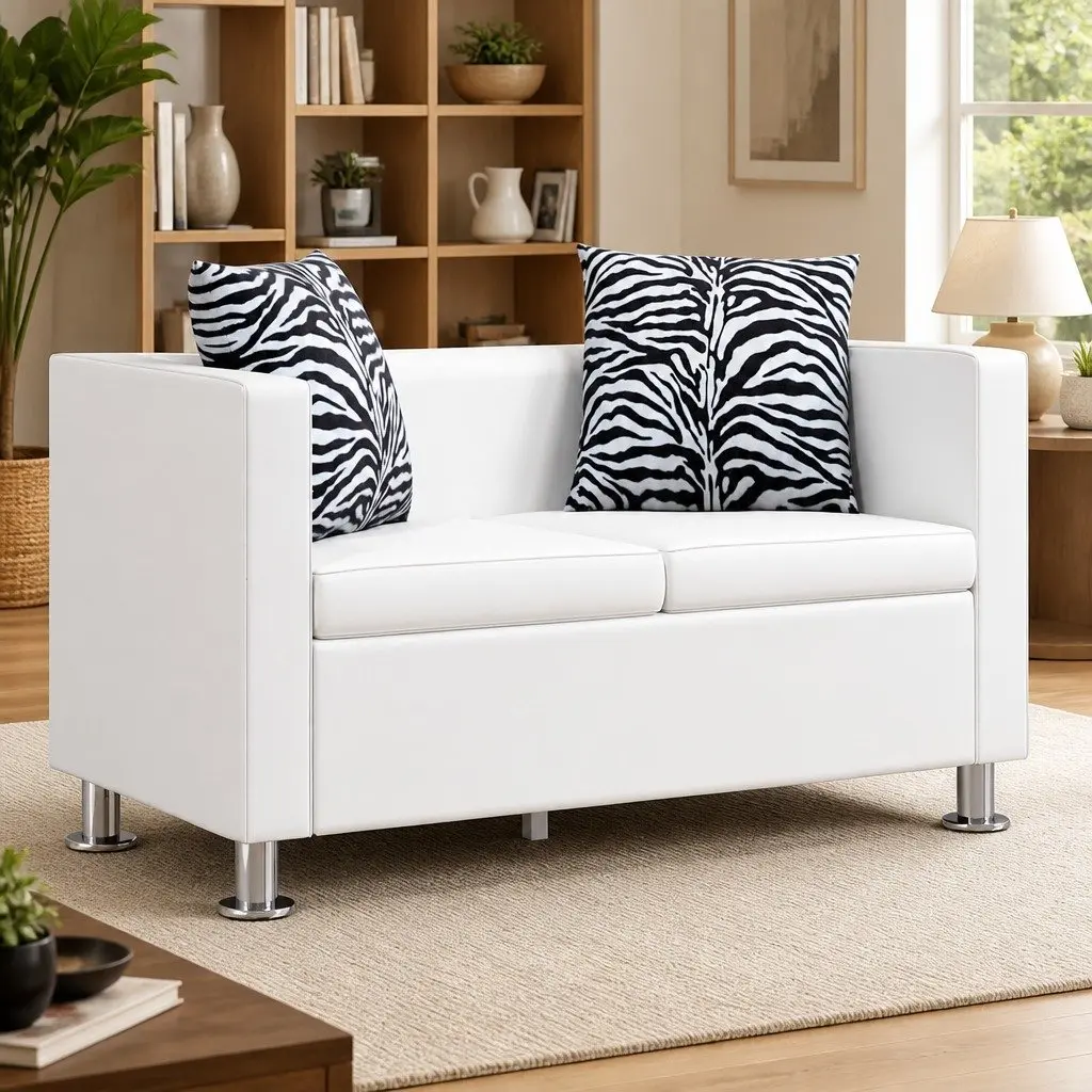 2-Seater White Sofa with Cushions