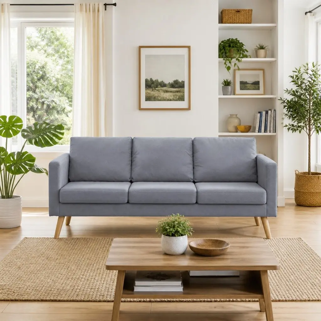 3-Seater Sofa Grey Fabric Couch Padded Cushions Living Room Furniture Removable