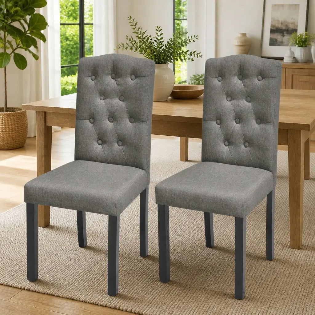 Dining Chairs Set of 2 Grey Upholstered Kitchen Seating with Wooden Legs